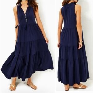 Lilly Pulizer Navy Malone Tiered Classic Preppy  Sleeveless Maxi Dress Sz S NWOT